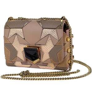 JIMMY CHOO Rocket Petite Chain Shoulder Bag with Star Design, Pink Beige Leat...